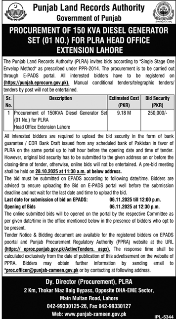 Punjab Land Records Authority Tender Notice